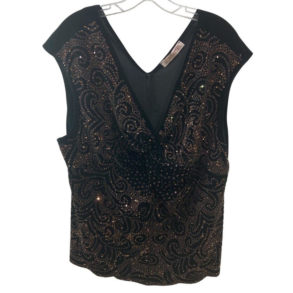 VTG Silhouettes 24 W Black Velvet‎ Sequin Top Sleeveless Party Blouse